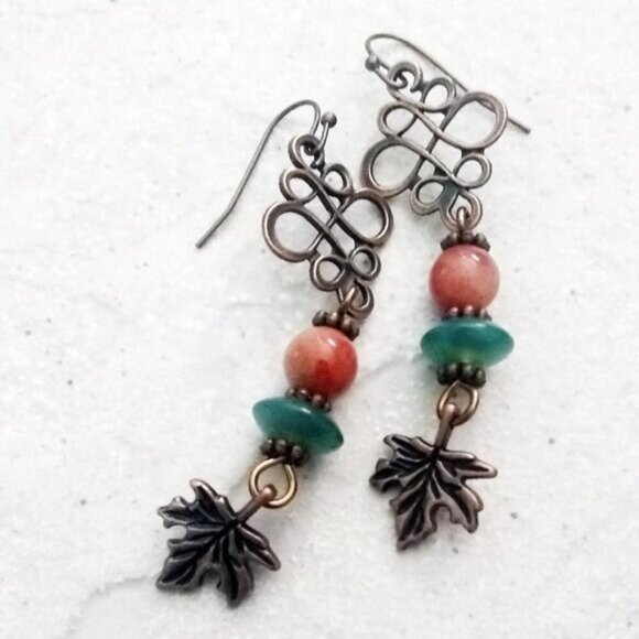 Stacked Beads + Copper Filigree + Maple Leaf Earrings - Unique Autumn Earrings - Picture 1 of 8